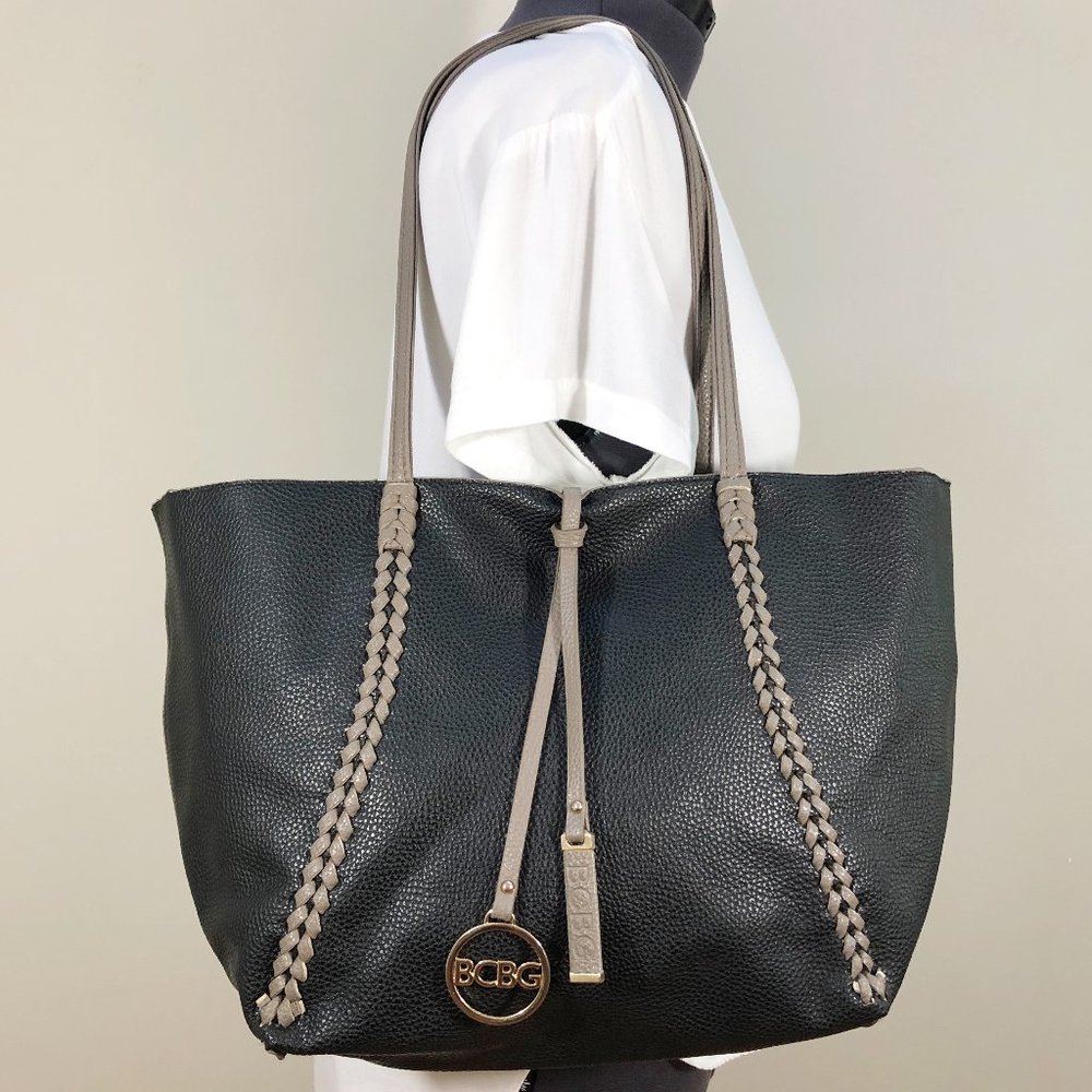 BCBG Reversible Black/Taupe Pebbled Faux Leather Braided Gold Chain Tote